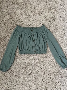 Off-Shoulder Sage Green Button-Front Crop Top